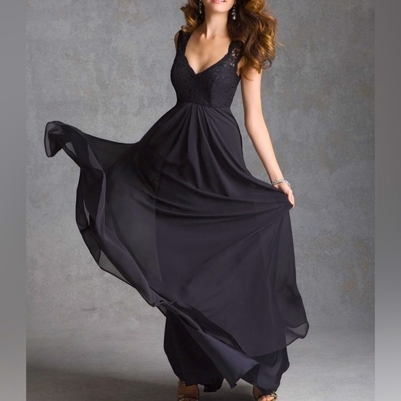 PLUS Morilee Madeline Gardner Navy Lace & Chiffon Flowy Formal Maxi Dress 18 - Picture 2 of 10